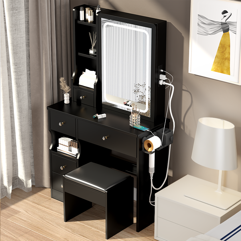 Left drawer desktop vanity with cushioned stool, touch LED mirror, 2 AC and 2 USB power stations, tri-color switch by American Smart EP