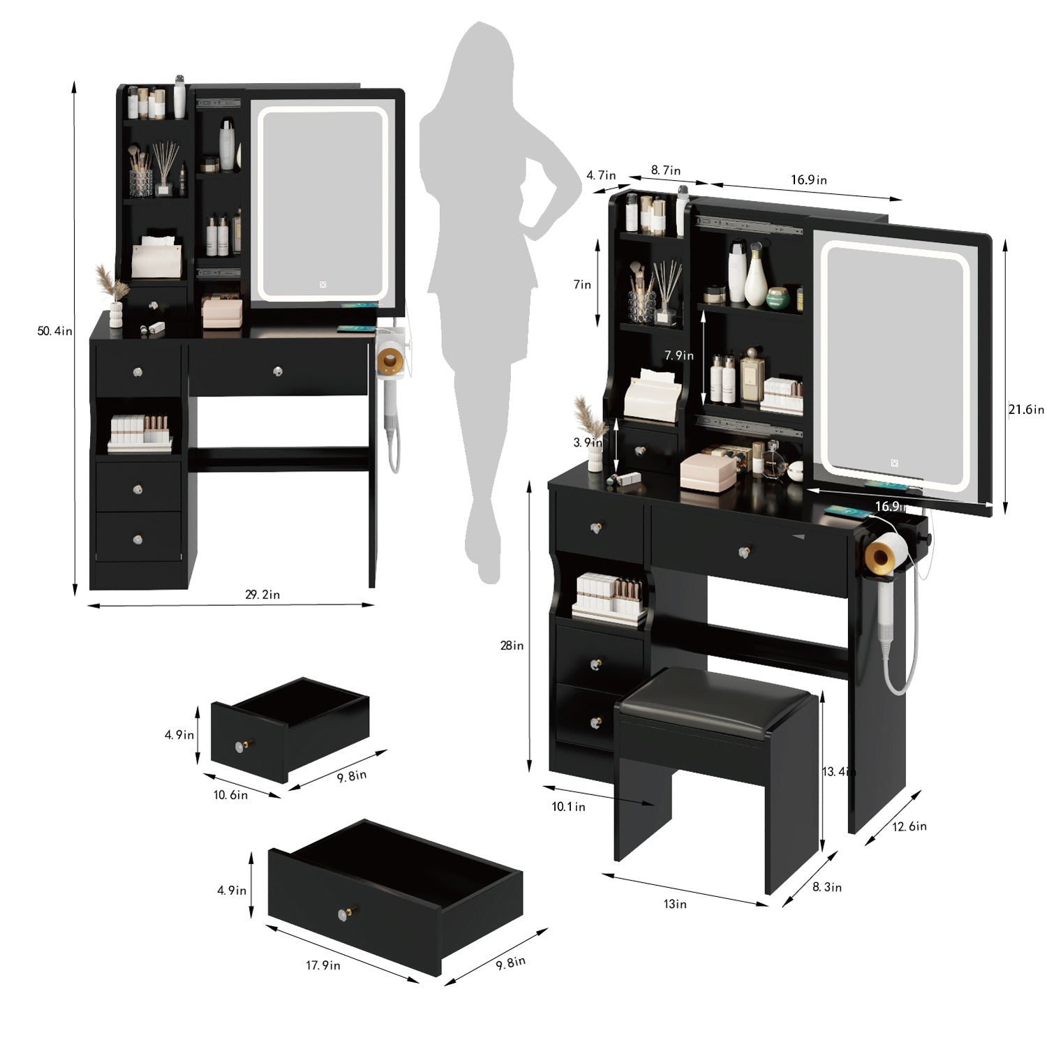 Left drawer desktop vanity with cushioned stool, touch LED mirror, and dual USB and AC power stations by American Smart EP.