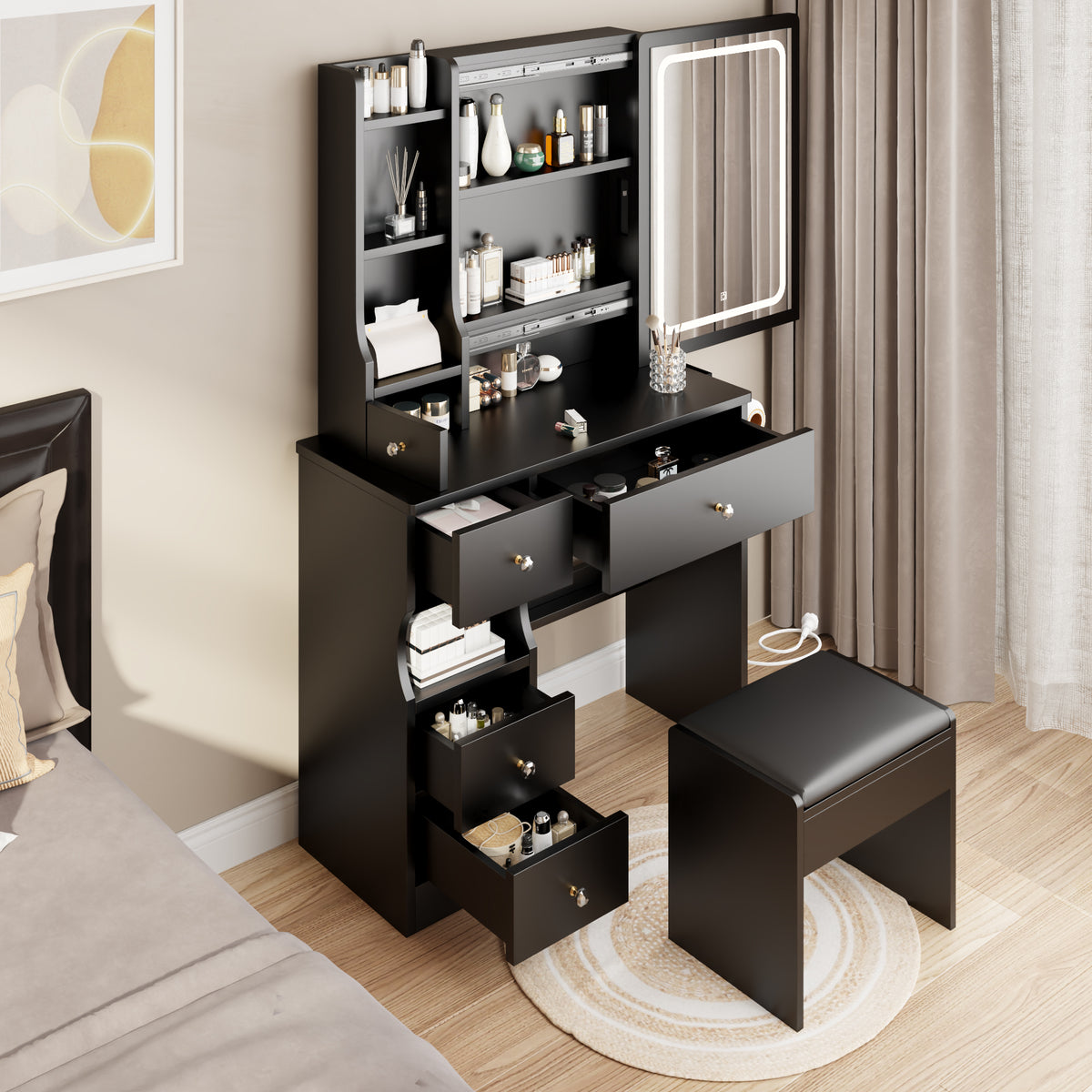 Left drawer desktop vanity with cushioned stool, touch LED mirror, and 2 AC + 2 USB power stations from American Smart EP