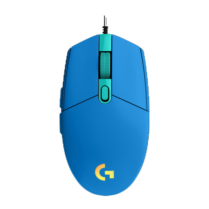 Logitech G102 second-generation wired gaming mouse with RGB lighting, ergonomic design, and programmable buttons for e-sports gaming.