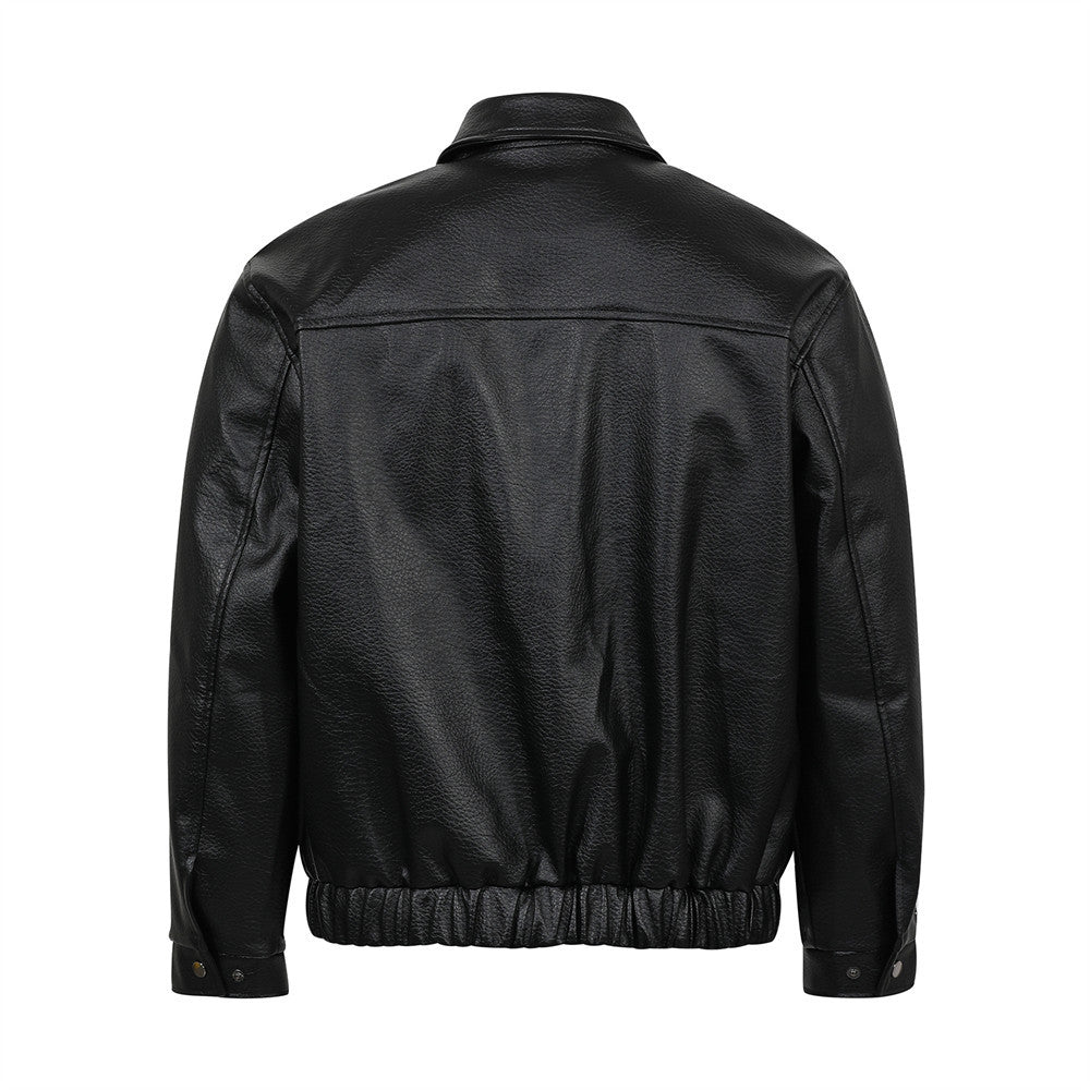 Black American Smart EP leather jacket with classic collar and zip-up front, displayed on a hanger.