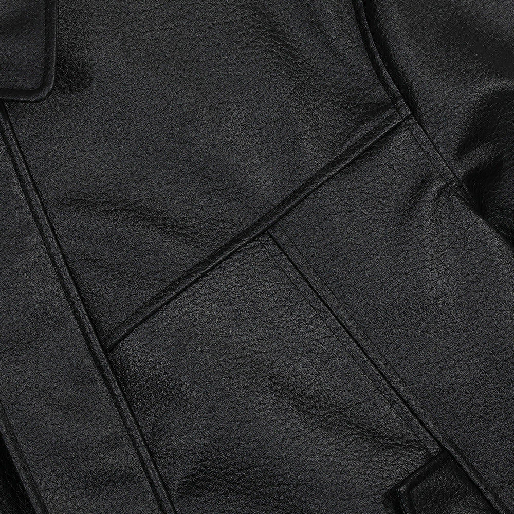 Black leather jacket by American Smart EP with classic collar and zippered front, displayed on a mannequin.
