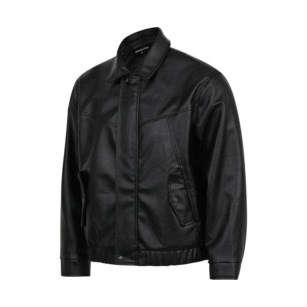 American Smart EP leather jacket featuring classic design, smooth leather texture, and stylish collar on a plain background.