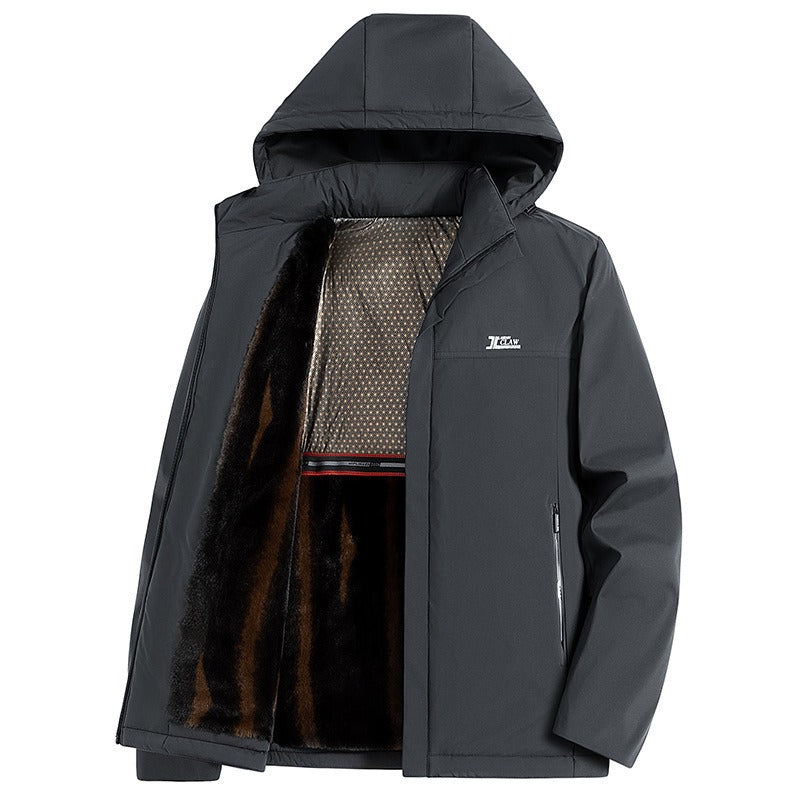 Men's American Smart EP mink fur winter jacket with fleece lining, casual cotton design, ideal for middle-aged and elderly dads.