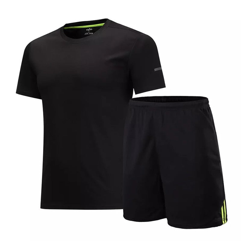 Men's sportswear kit with short sleeve running suit and soccer jersey, branded American Smart - EP, designed for training and football.