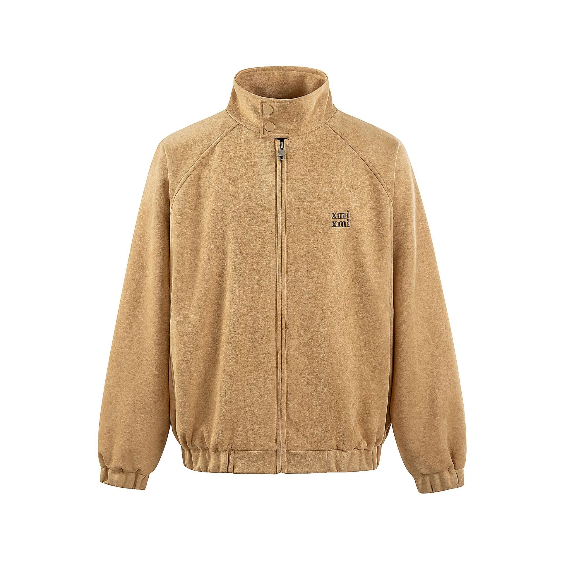 Velvet stand collar jacket with simple embroidery, loose fit, and stand collar, by American Smart - EP.
