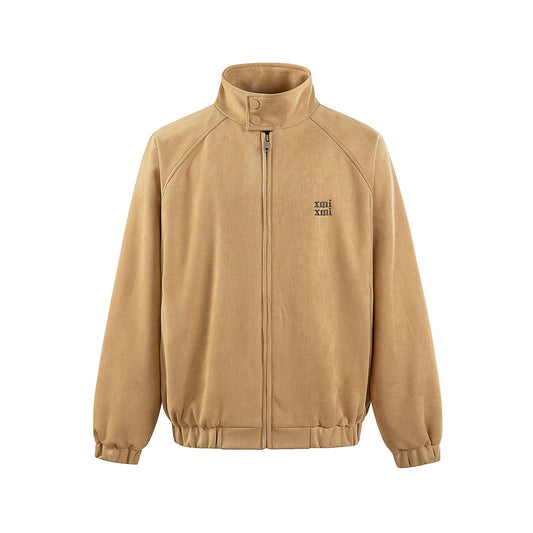 Velvet stand collar jacket with simple embroidery, loose fit, and stand collar, by American Smart - EP.