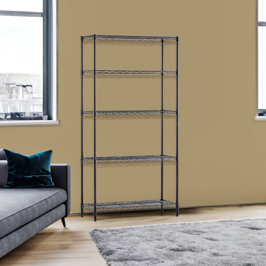 Black metal wire storage rack by American Smart EP, adjustable vertical unit with multiple shelves for organized space.