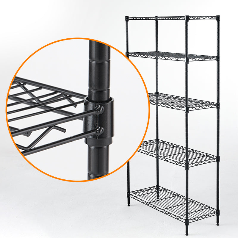 Adjustable black metal wire storage rack with multiple shelves, vertical unit for organizing items in a utility or storage room.