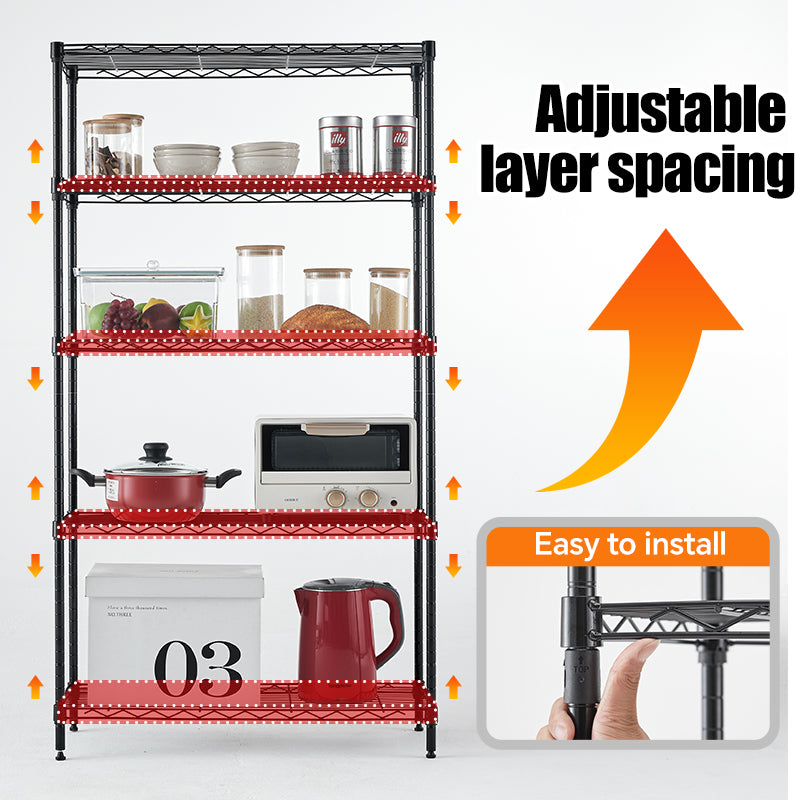 Adjustable black metal wire storage rack by American Smart EP, vertical unit with multiple shelves for organized space.