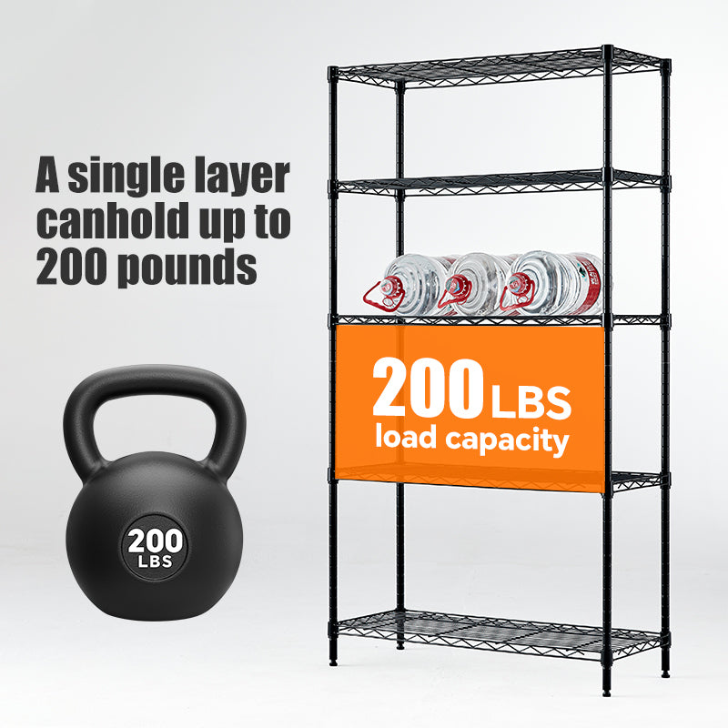 Black metal wire storage rack by American Smart - EP, adjustable vertical unit with 35.7L x 14W x 71H dimensions for organized storage.