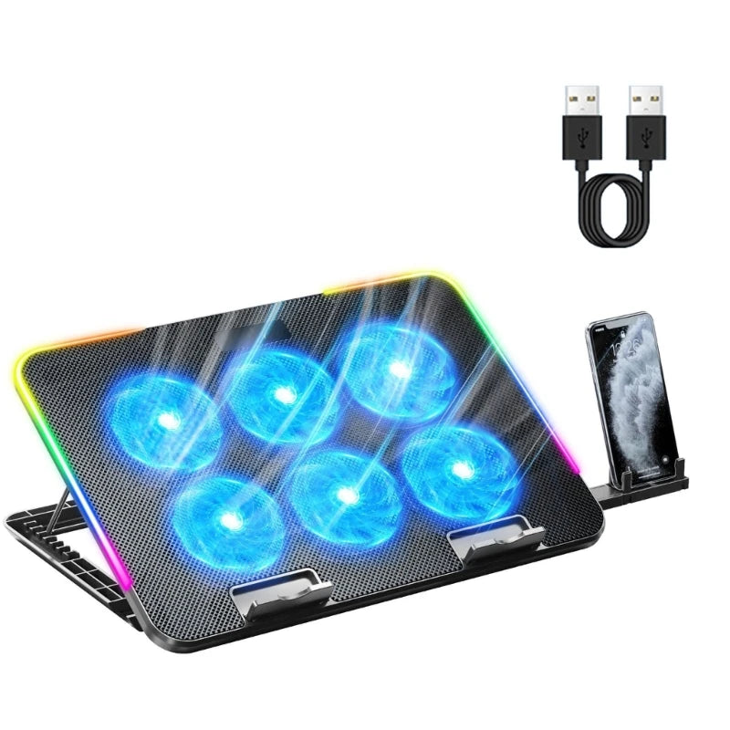 American Smart EP laptop cooling pad with 6 LED fans, dual USB ports, and phone holder for 15.6-inch notebooks.
