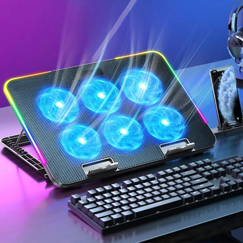 American Smart EP laptop cooling pad with 6 LED fans, dual USB ports, and phone holder for 15.6-inch notebooks and gaming laptops.