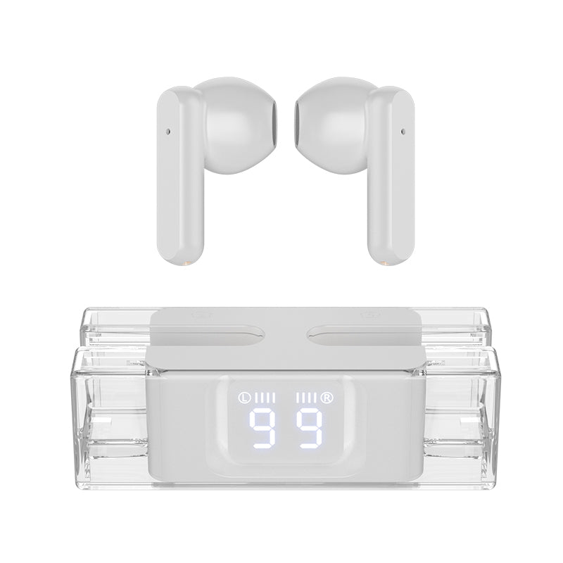 Transparent American Smart EP SP28 in-ear Bluetooth earplugs with digital display, ideal for gaming and low latency TWS audio.