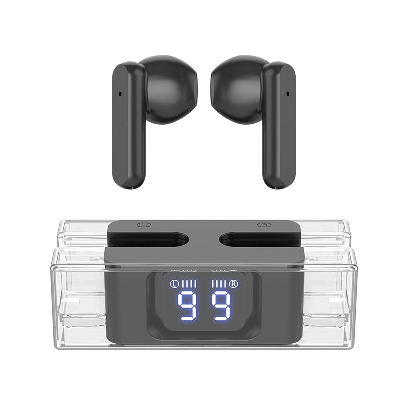 Transparent American Smart EP SP28 in-ear Bluetooth earplugs with digital display, TWS, low latency, ideal for gaming.