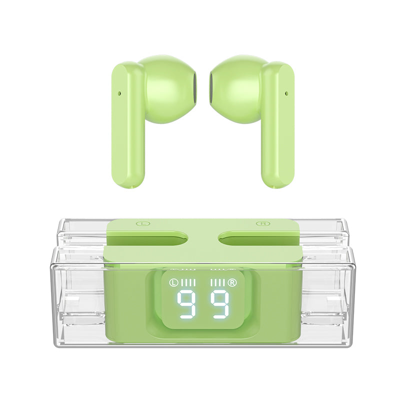 Transparent American Smart SP28 TWS Bluetooth in-ear earplugs with digital display, ideal for gaming with low latency.