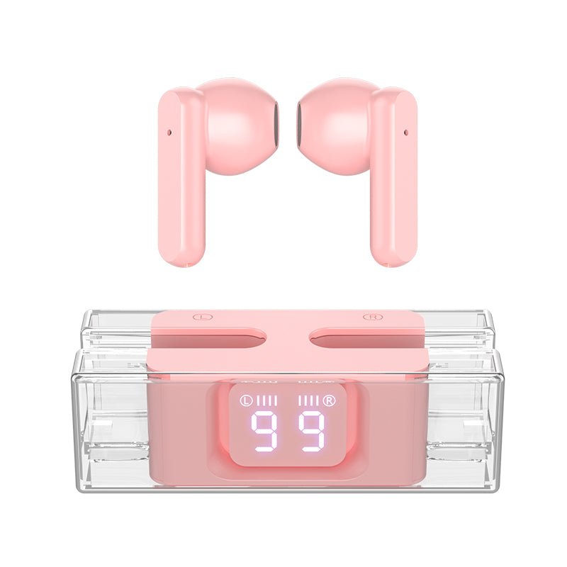 American Smart SP28 in-ear Bluetooth earbuds with transparent case and digital display, designed for gaming and low-latency audio.