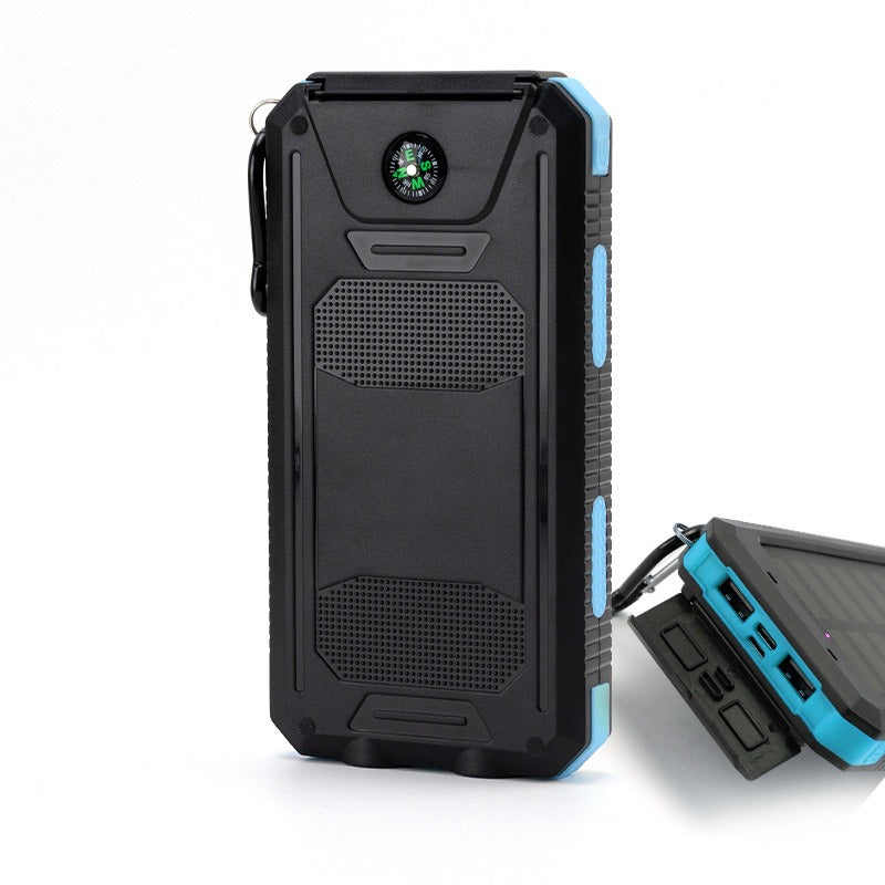 Black American Smart EP waterproof solar power bank with 20000mAh capacity, compass, and multiple charging ports for mobile phones.