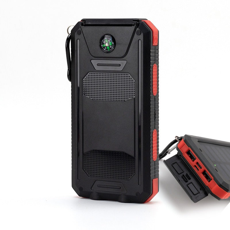 Black American Smart EP waterproof solar power bank with 20000mAh capacity, compass, and multiple USB ports for mobile phone charging.