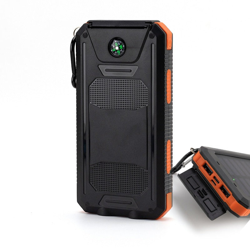 Black American Smart EP waterproof solar mobile power supply with 20000mAh capacity, compass, and multiple USB ports for phones.