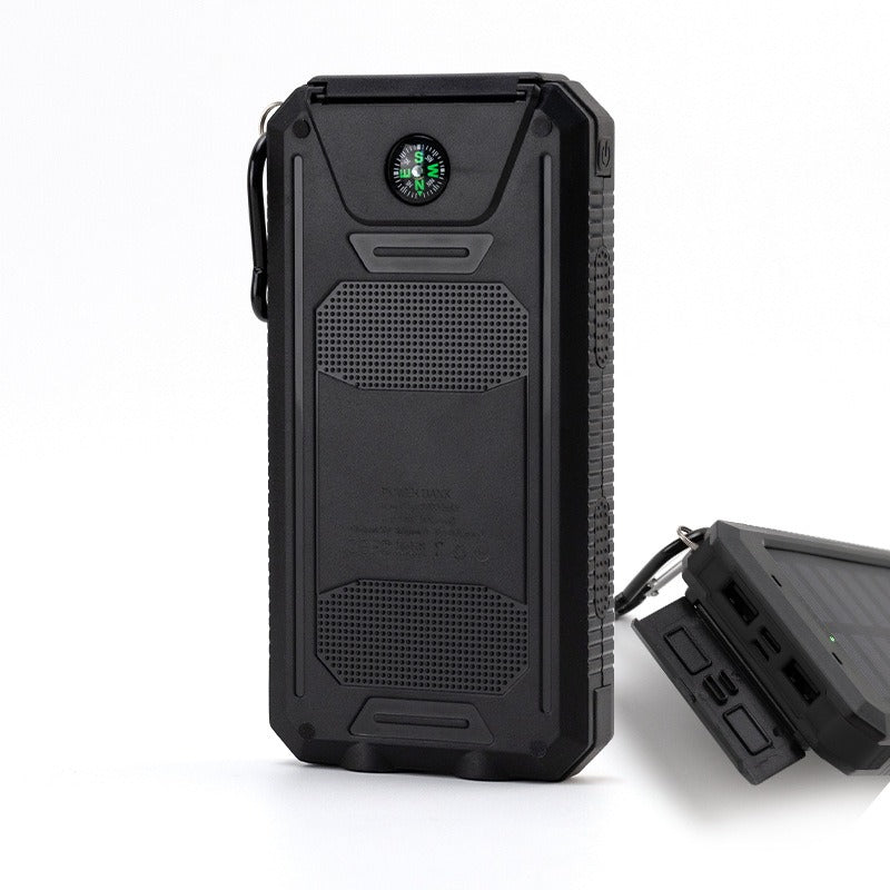 Black American Smart EP waterproof 20000mAh solar power bank with compass for mobile phones and outdoor use.