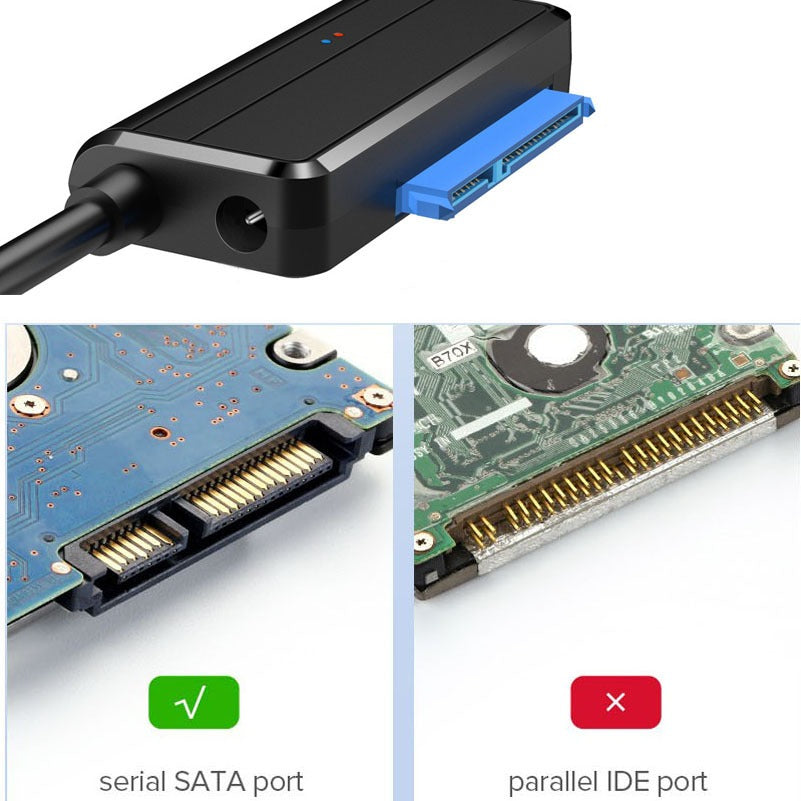 USB 3.0 to SATA hard drive data cable for 2.5 and 3.5-inch drives, American Smart EP brand, connected to a hard drive.