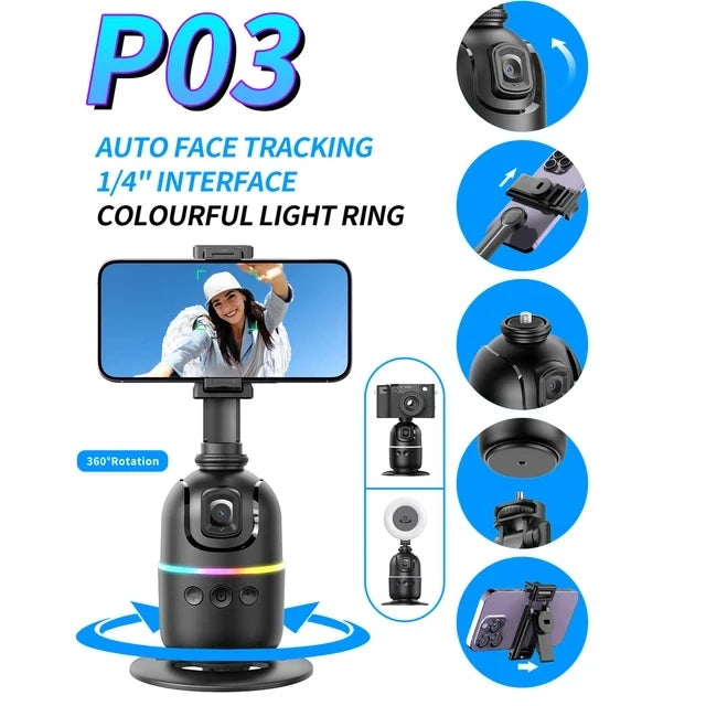 AI Smart P03 gimbal for smartphones with 360° auto face tracking, stabilizer, and phone holder for smooth video vlogging.