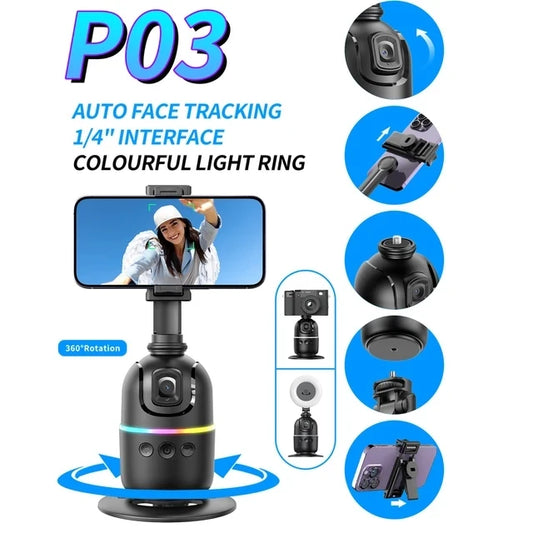 AI Smart P03 gimbal for smartphones with 360° auto face tracking, stabilizer, and phone holder for smooth video vlogging.