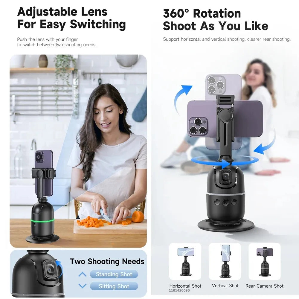 American Smart P03 AI Smart Gimbal with 360° rotation, auto face tracking, smartphone stabilizer, and phone holder for vlogging.
