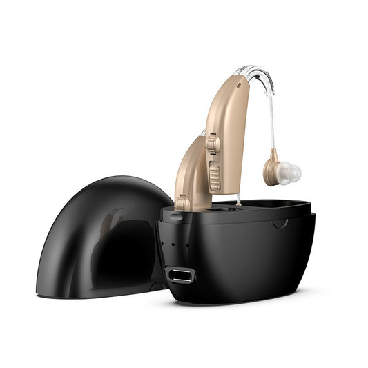 American Smart EP portable dual-ear hearing aids with amplifier and rechargeable features, shown in this image.