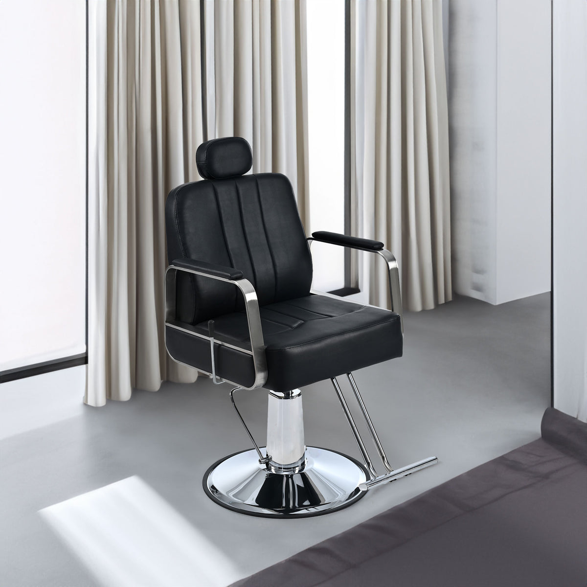 Black American Smart EP barber chair with reclining feature, heavy-duty hydraulic pump, and 360° rotation for salon styling.