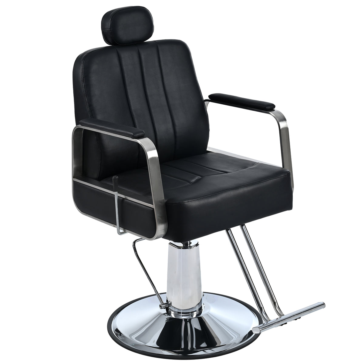 Black American Smart reclining barber chair with heavy-duty hydraulic pump and 360° rotation, designed for salon and hair stylist use.