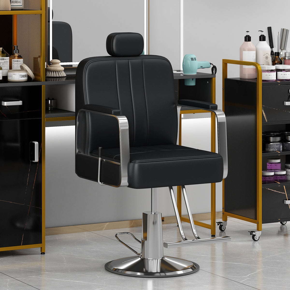 Black American Smart EP reclining barber salon chair with heavy-duty hydraulic pump and 360° rotation, designed for hair stylists.