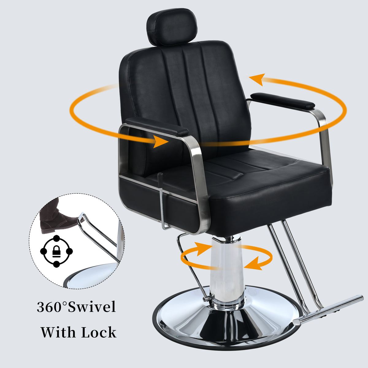 Black American Smart reclining barber chair with heavy-duty hydraulic pump and 360° rotation, designed for professional salons.