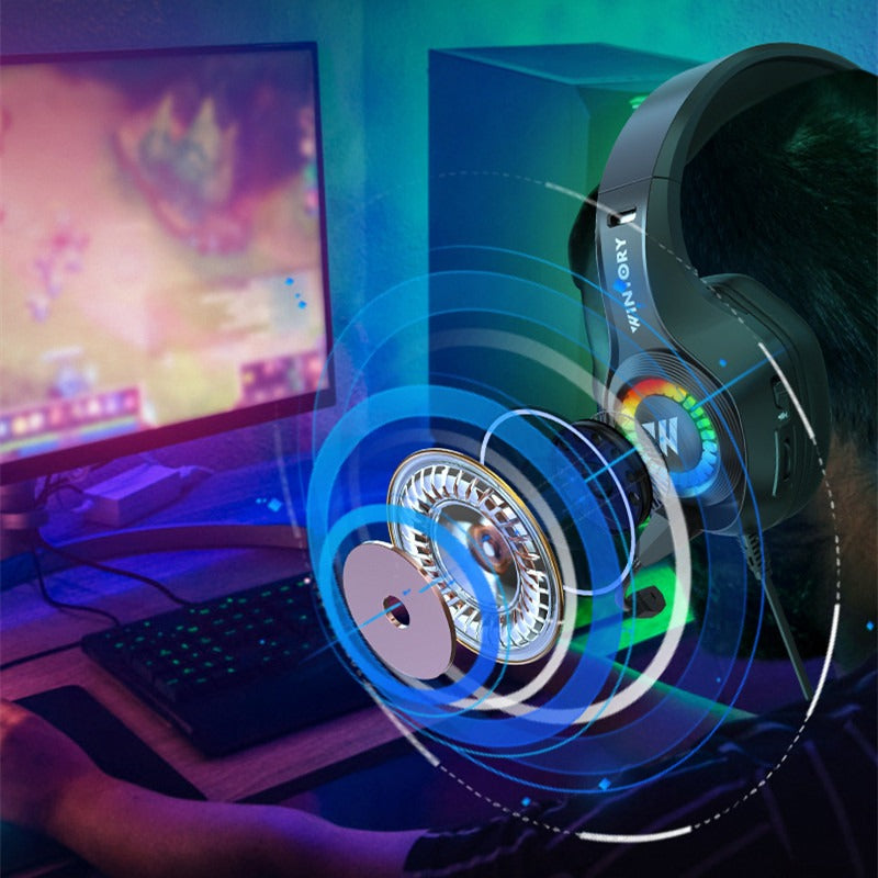 Wired gaming headphones with luminous earcups and microphone, designed for e-sports, compatible with mobile phones and computers.