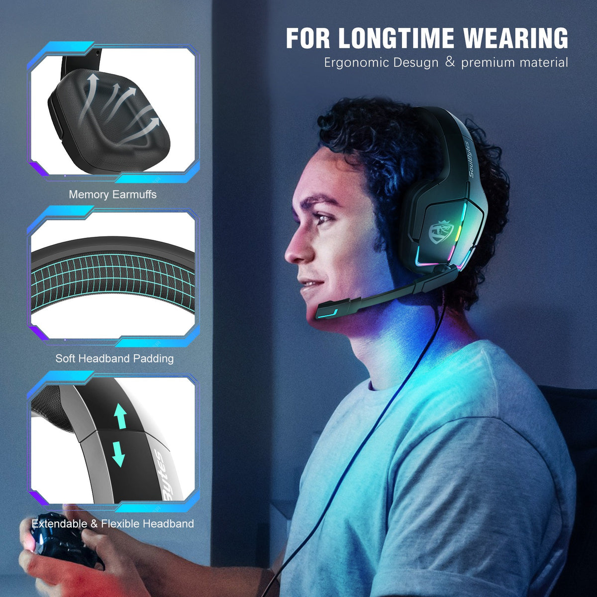 American Smart EP S12 wired gaming headset with RGB lighting, head-mounted design for PC, PS4, and gaming sessions.