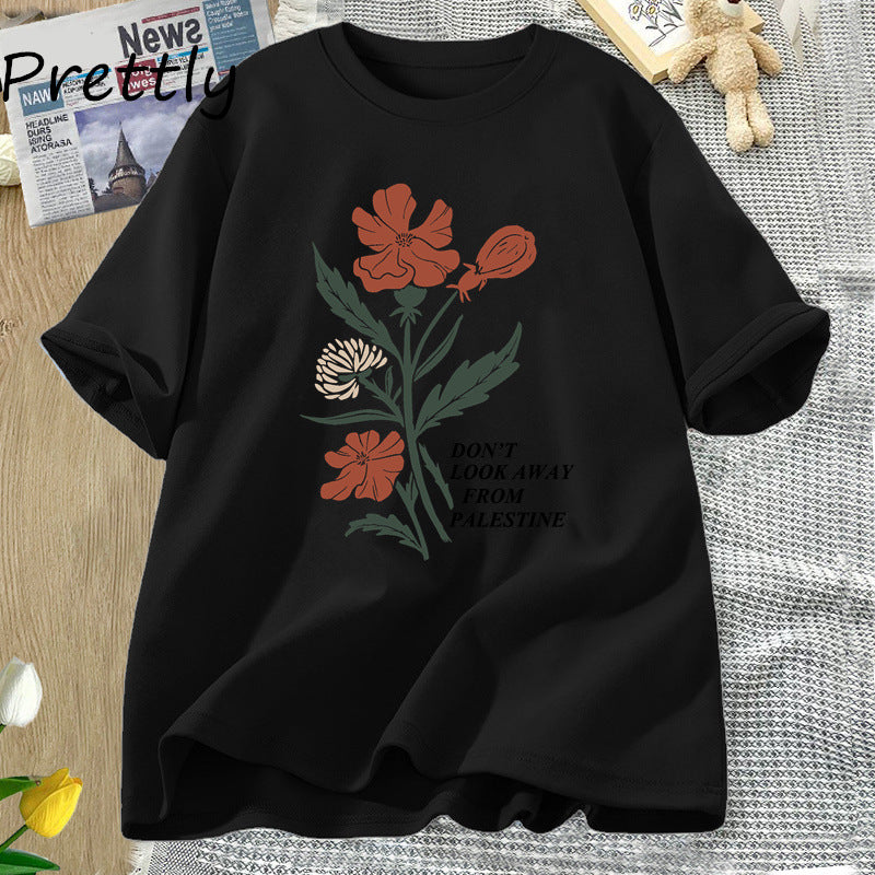 Don't Look Away From Palestine Flag T-shirts Flowers Design - American Smart