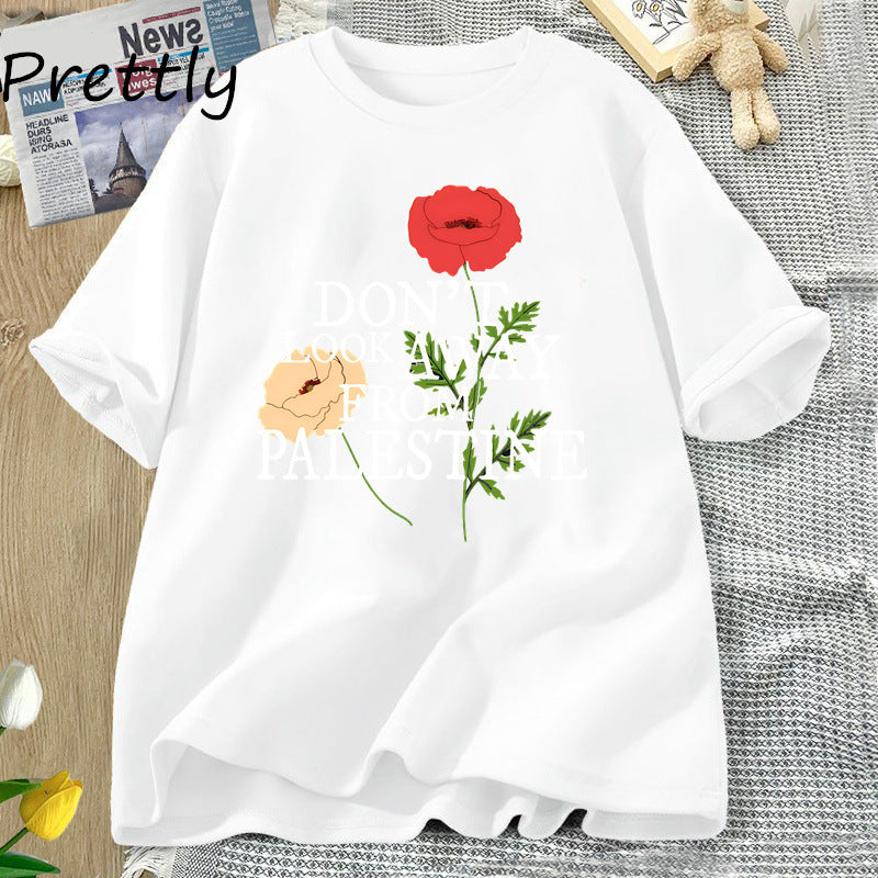 Don't Look Away From Palestine Flag T-shirts Flowers Design - American Smart