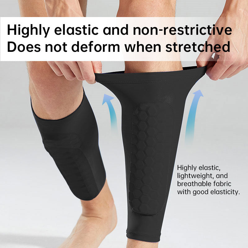 Black Honeycomb Padded Sport Leg Guards by American Smart EP, breathable shin and leg protection for soccer, skiing, basketball, and cycling.