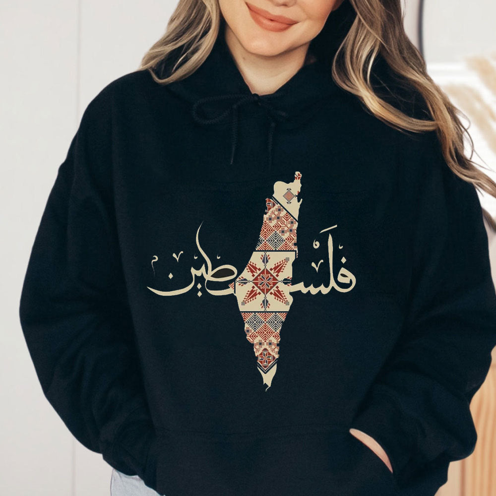 Palestine traditional hoodie by American Smart EP with Arabic design, featuring a comfortable fit and cultural embroidered details.