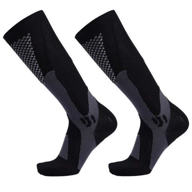 Men's knee-high compression socks by American Smart for outdoor sports, running, soccer, and cycling, made of durable polyester.