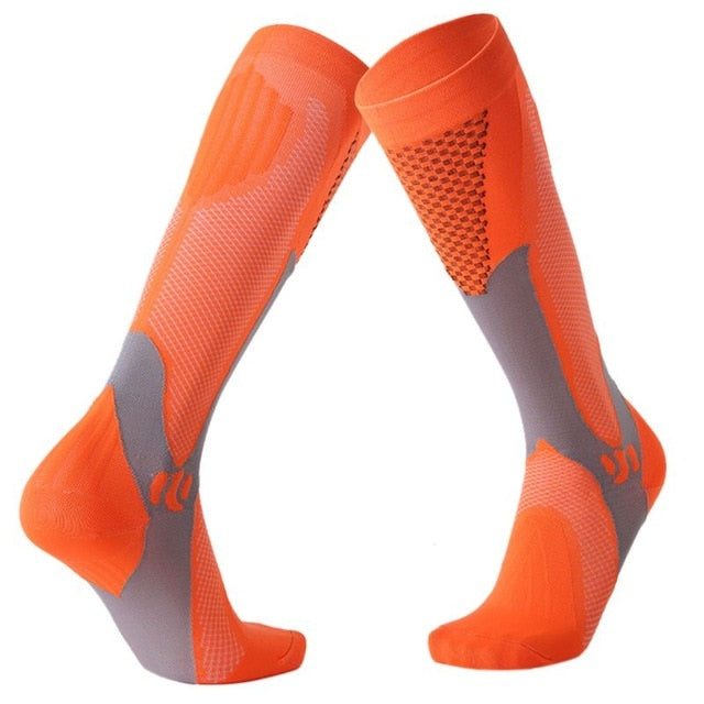 Men's knee-high compression socks by American Smart, designed for sports like running, soccer, and cycling, made of durable polyester.