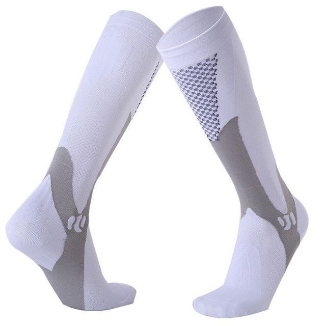 Men's knee-high compression socks by American Smart for outdoor sports, running, soccer, and cycling, made of durable polyester hosiery.