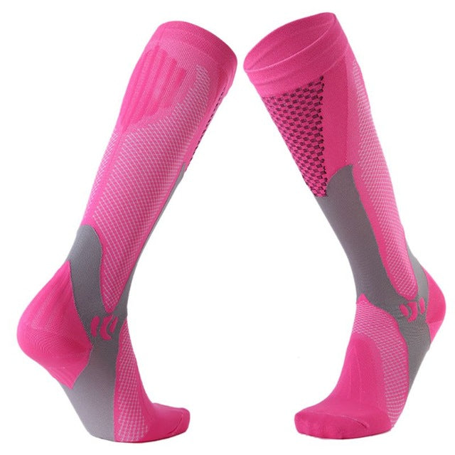 Men's knee-high compression socks by American Smart for outdoor sports, running, soccer, and cycling, made of durable polyester hosiery.