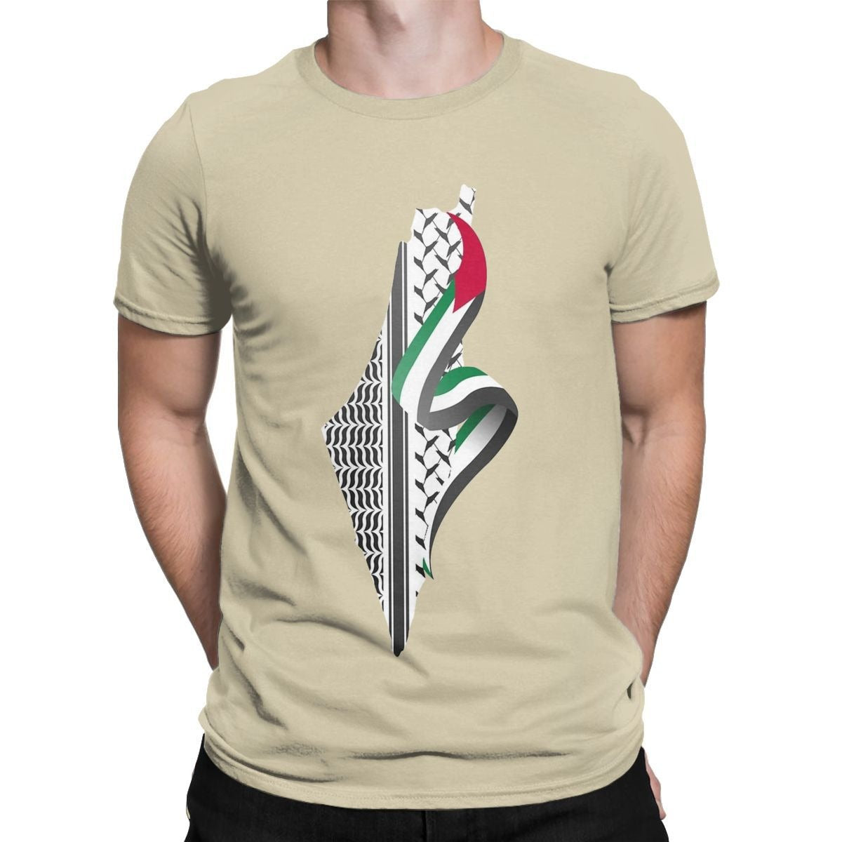 Men's cotton round neck T-shirt featuring a retro Palestine map design by American Smart - EP