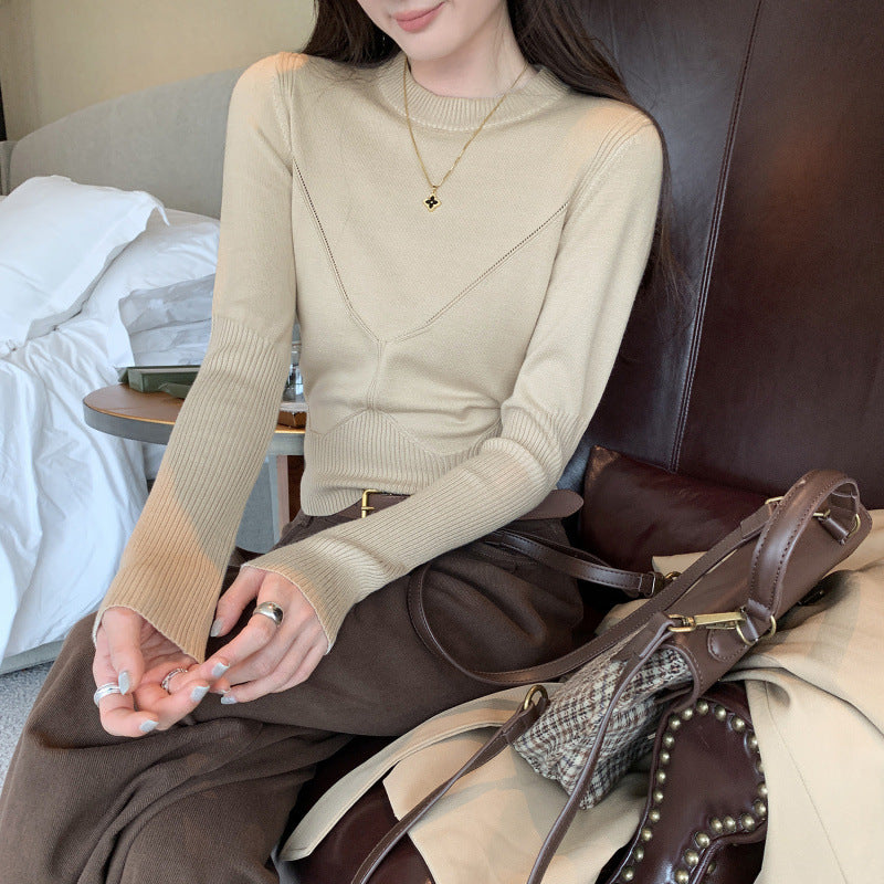 Solid Color Autumn Round Neck Long Sleeve Fitted Slimming Elegant Top
