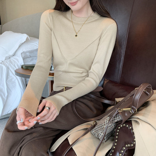 Solid Color Autumn Round Neck Long Sleeve Fitted Slimming Elegant Top