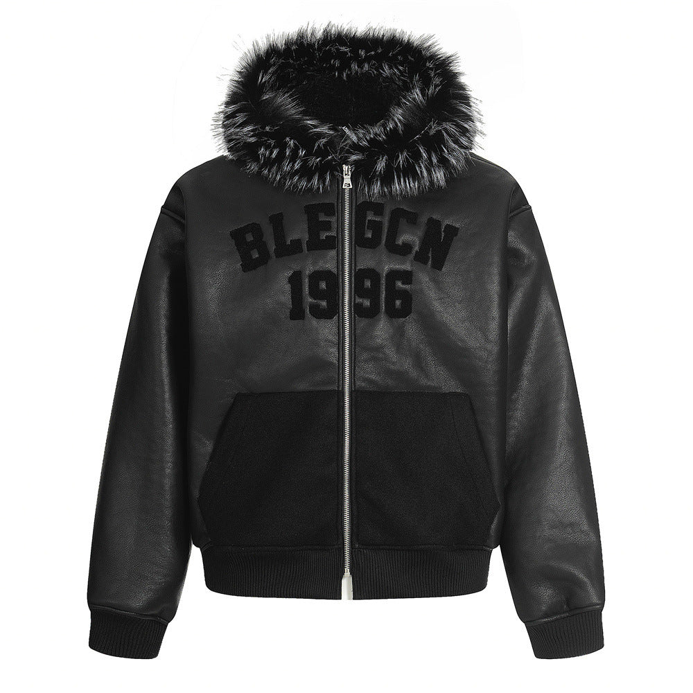 Street style men's cotton coat with hood, fur collar, letter embroidery, casual loose fit outerwear jacket by American Smart - EP