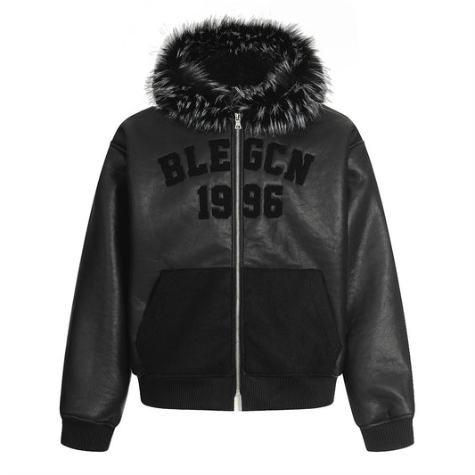 Street style men's cotton coat with hood, fur collar, letter embroidery, casual loose fit outerwear jacket by American Smart - EP