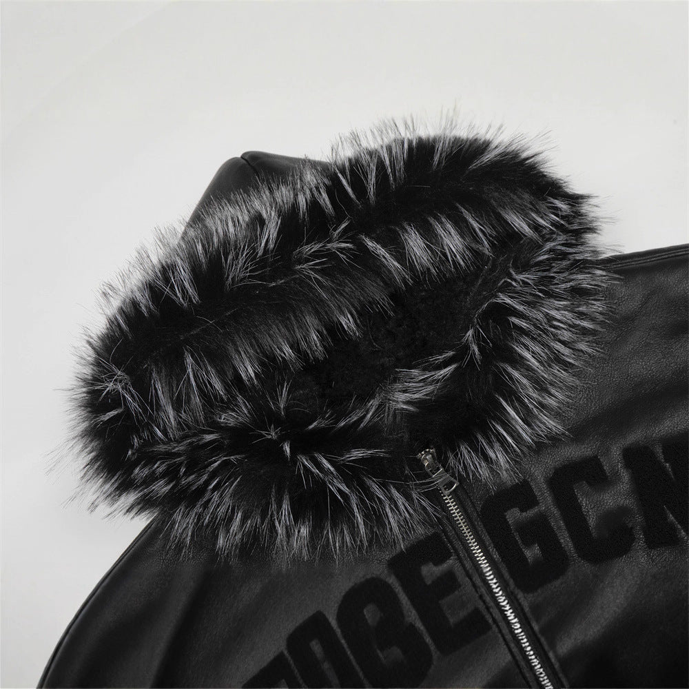 Street style men's cotton coat with hood, fur collar, letter embroidery, casual loose fit outerwear jacket by American Smart EP